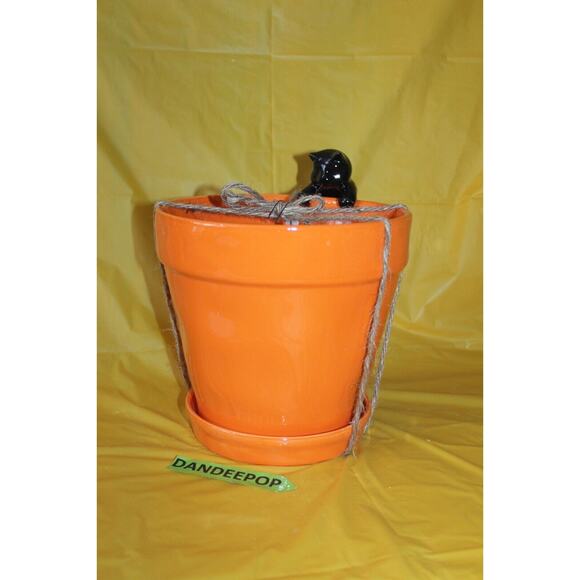 Rae Dunn Nine Lives Large Orange Ceramic Planter Pot With Black Cat Halloween - Picture 6 of 8